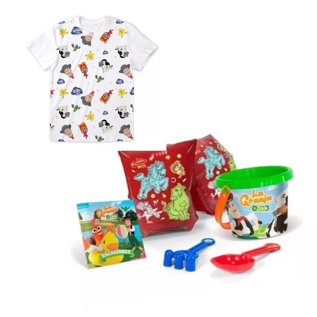 BALDE CON PALA Y RASTRILLO+BRACITOS GRANJA DE ZENON+REMERA (SET VERANO)